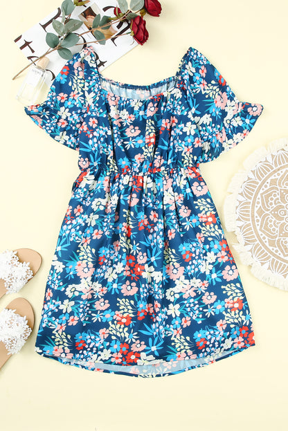 Blue Square Neck Ruffle Floral Dress