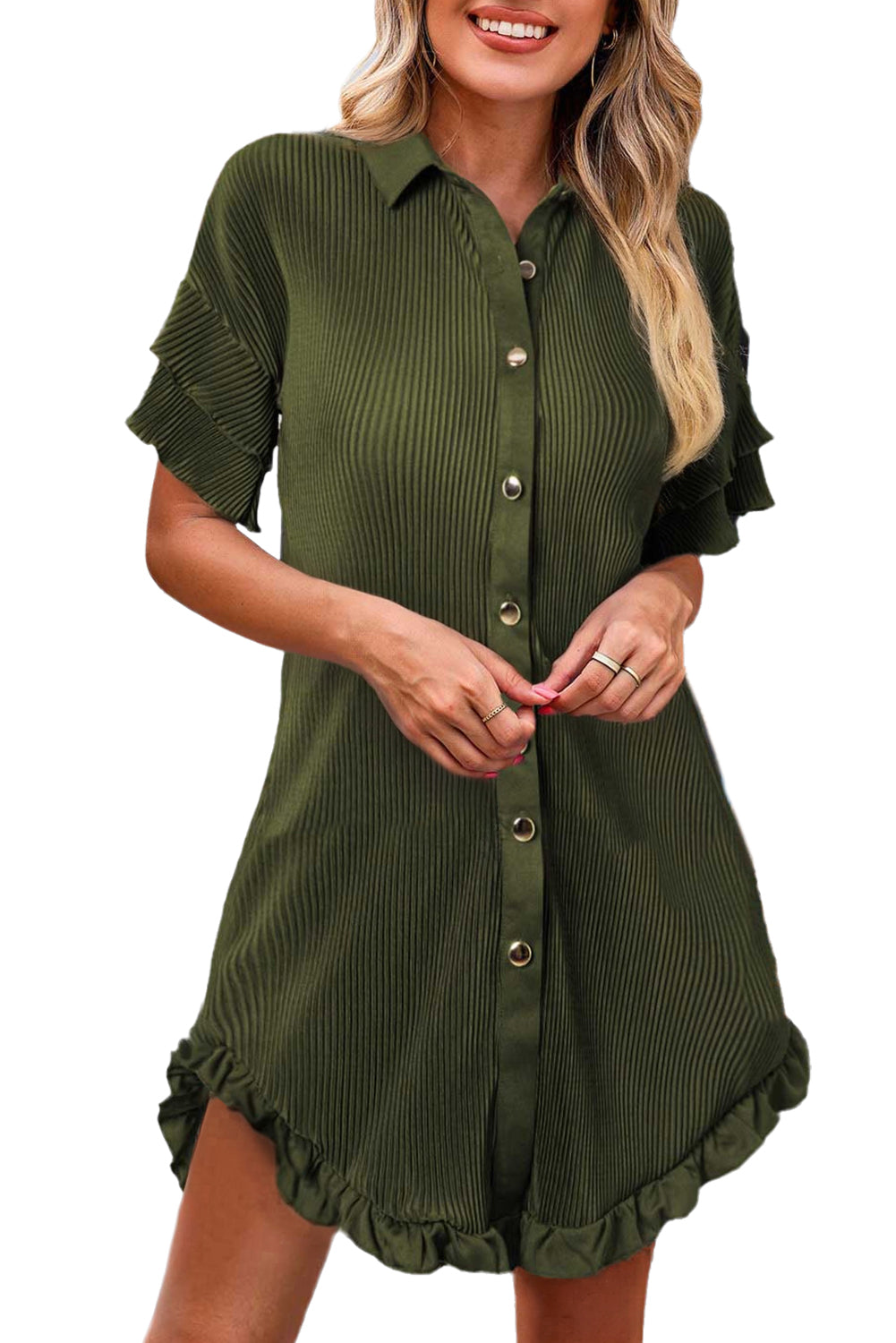 Moss Green High-low Hem Ruffle Sleeve Pleated Shirt Dress