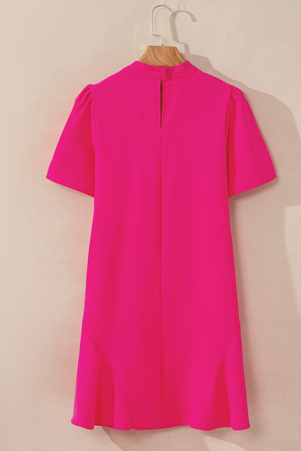 Bright Pink Solid Color Ribbon Tie Neck Ruffled Mini Dress