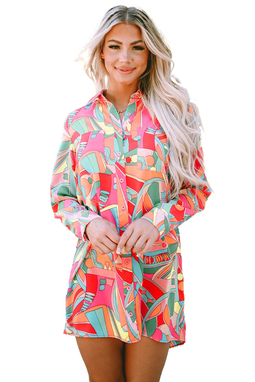 Multicolor Geometric Abstract Print Long Sleeve Shirt Dress