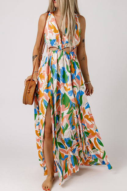 Multicolor Leaf Print Cut-out High Slit Maxi Dress