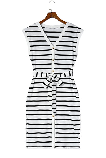 Striped Button Slit Tie V-Neck Midi Dress