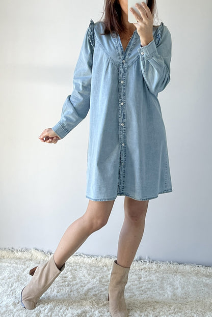 Myosotis Ruffled V Neck Buttoned Shift Denim Dress