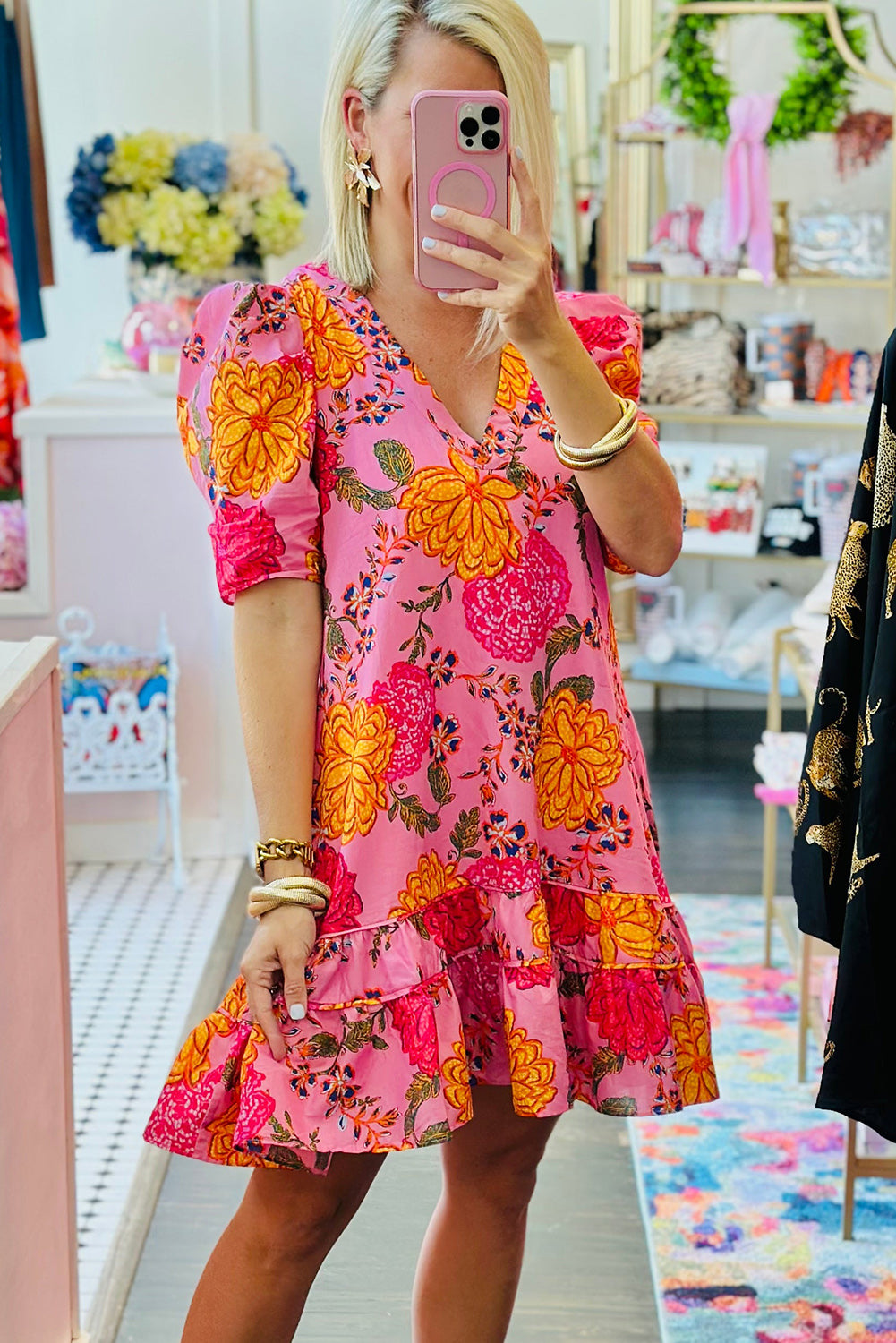 Pink Floral Bubble Sleeve V Neck Ruffled Mini Dress