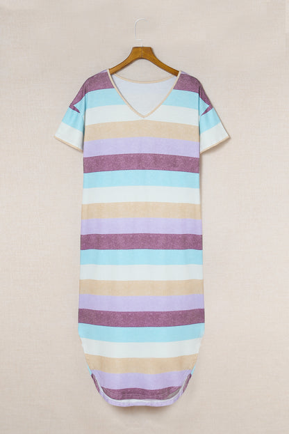 Striped Color Block V Neck T Shirt Midi Dress