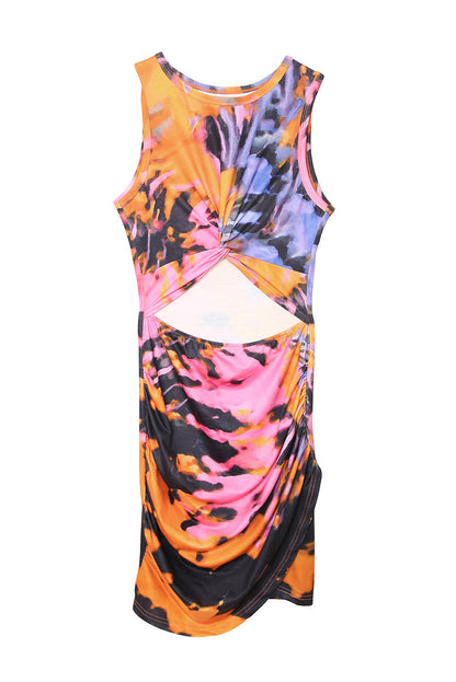 Multicolor Tie-dye Print Hollow Out Twist Bodycon Mini Dress