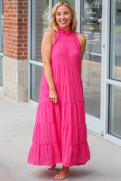 Rose Red High Frilled Neck Tiered Sleeveless Maxi Dress