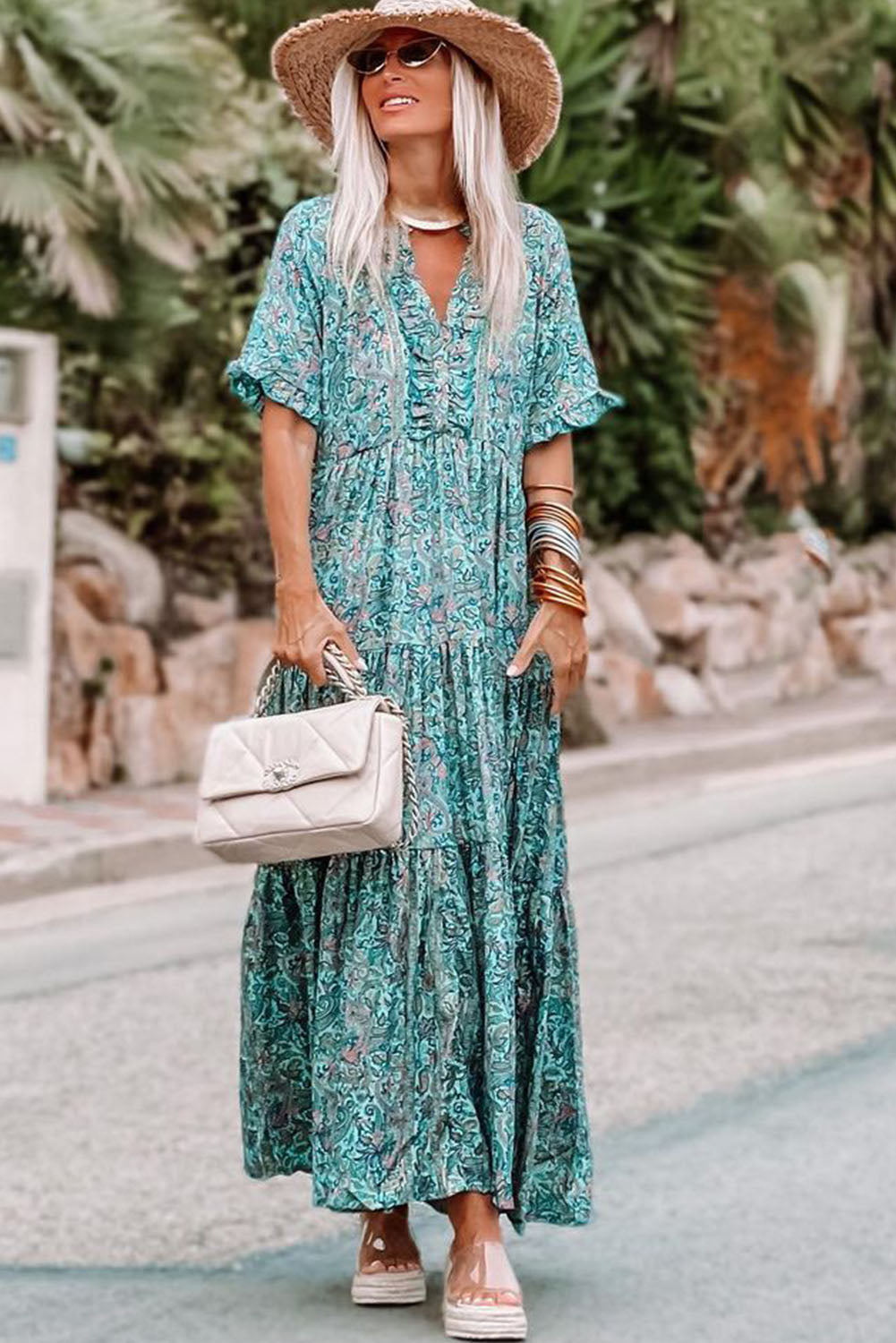 Sky Blue Paisley Print Boho Holiday Ruffle Tiered Maxi Dress