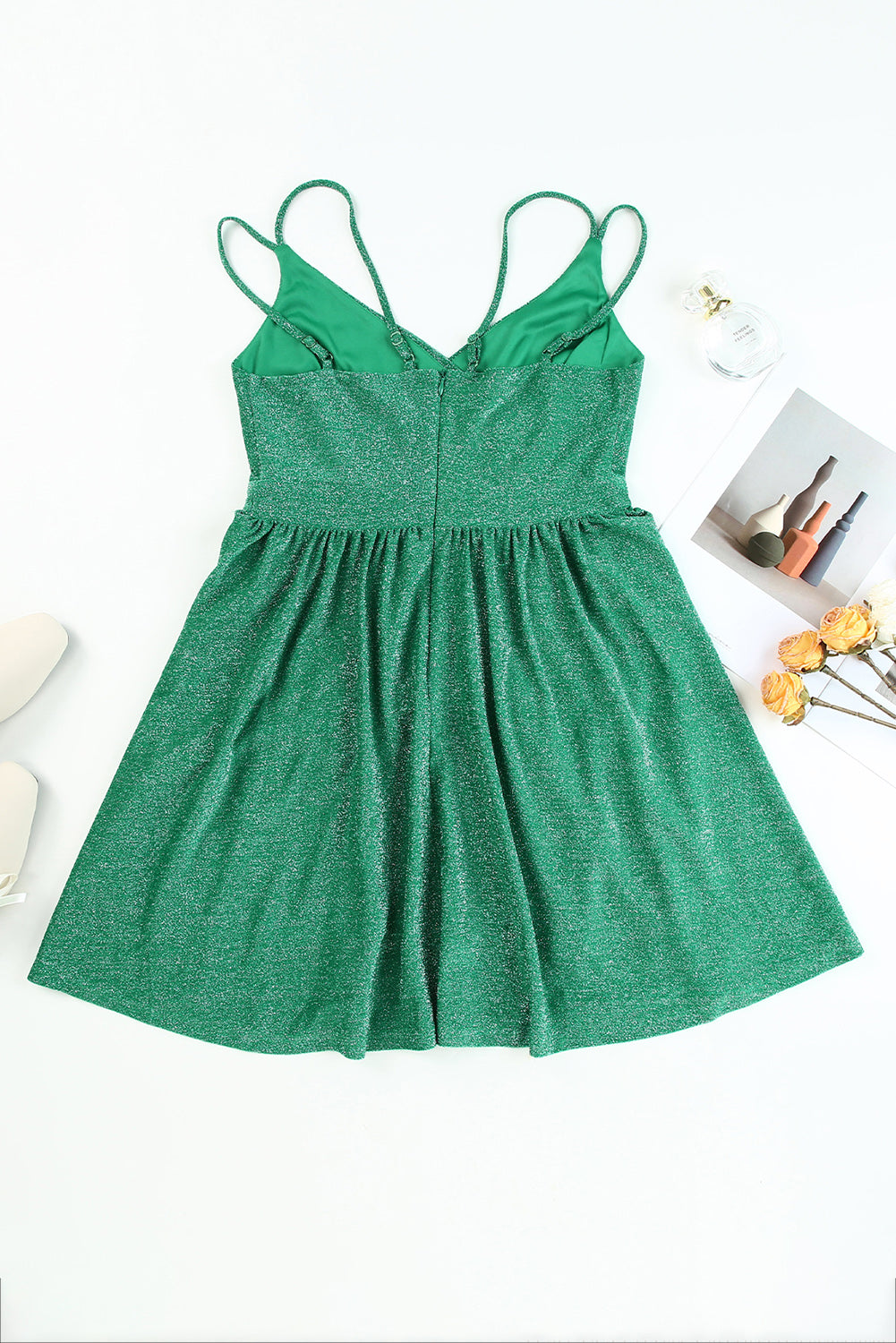 Green Double Straps Metallic Shining Skater Dress