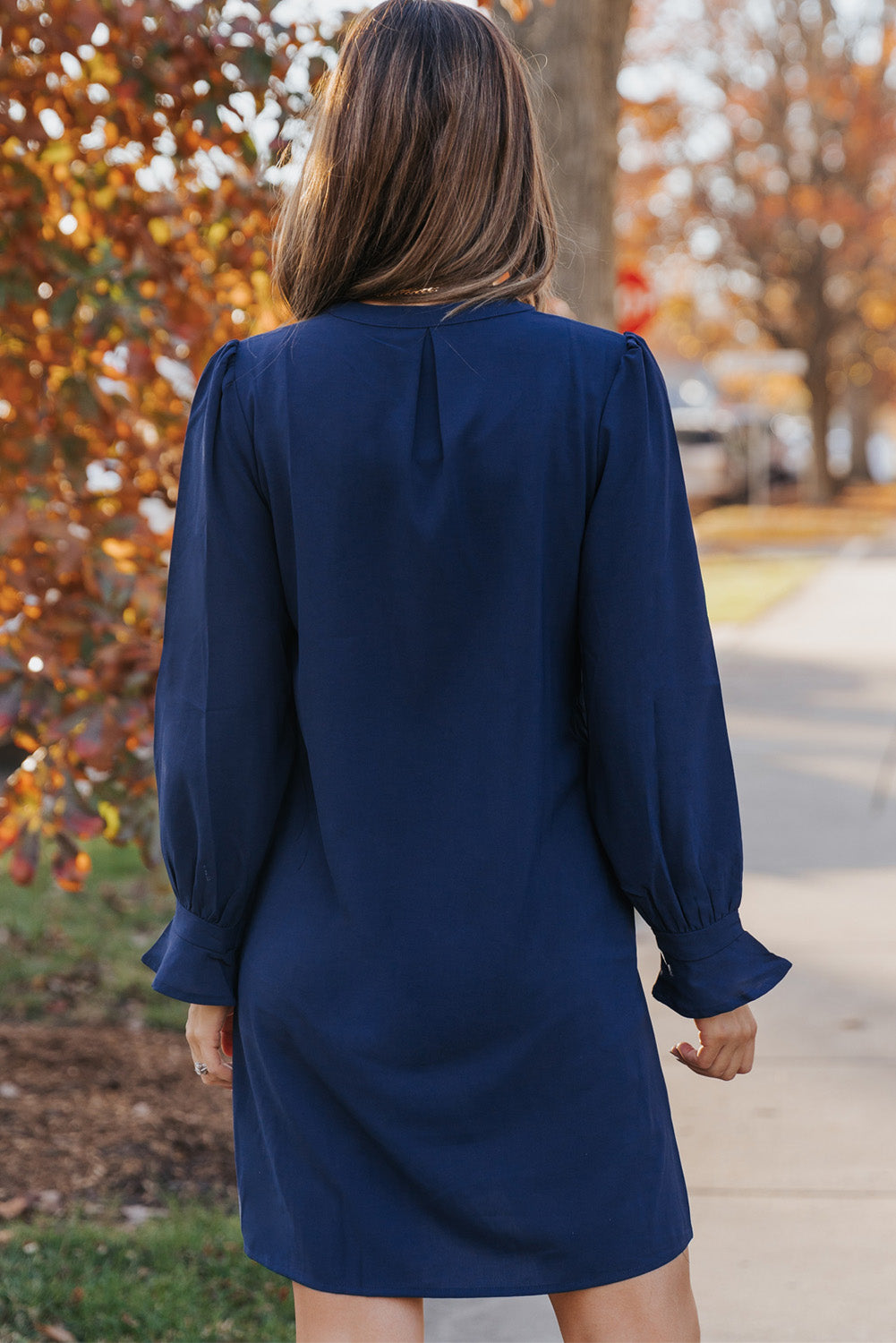 Blue Split V Neck Ruffled Sleeves Shirt Dress