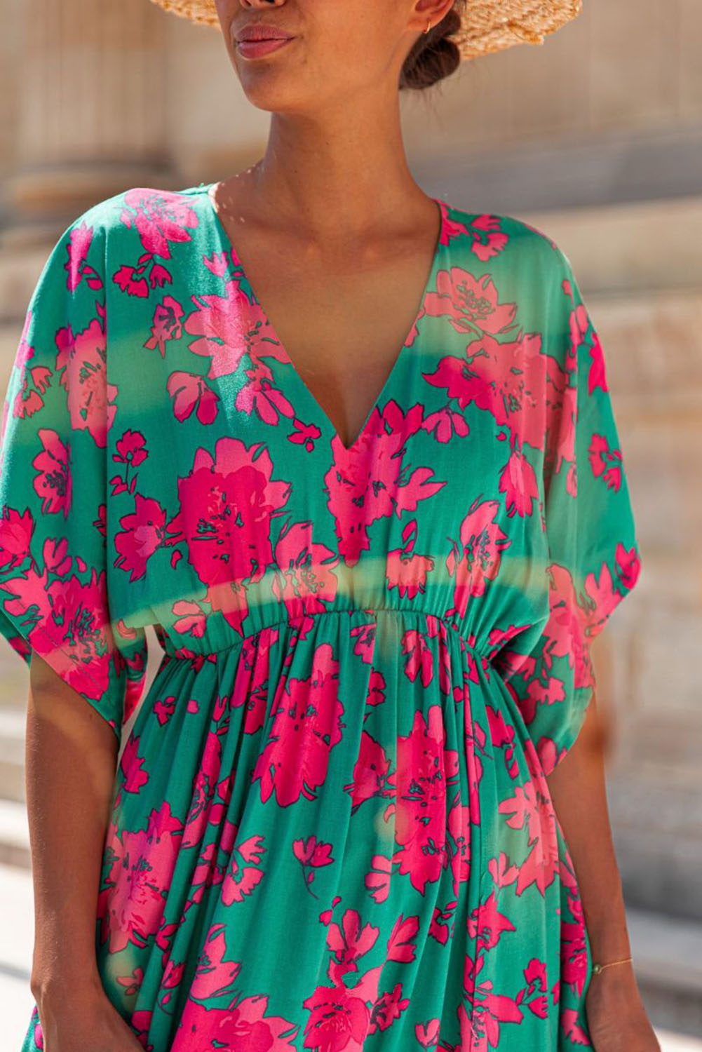 Sea Green Printed V Neck Short Sleeve Split Flared Maxi Dress