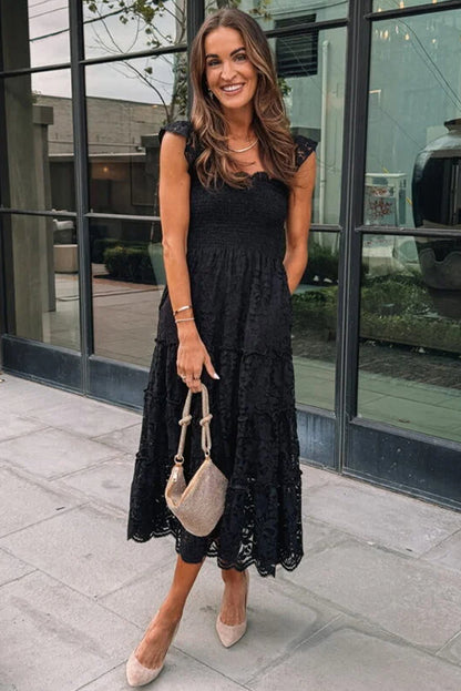 Black Lace Smocked Bodice Sleeveless Midi Dress