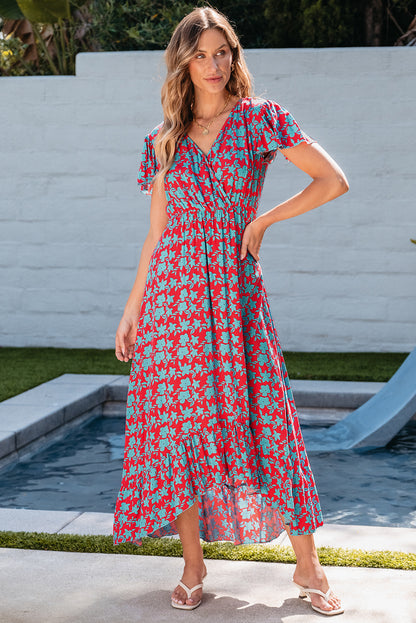 Red V Neck Flutter Sleeve Floral Print Ruffled Maxi Dress