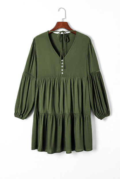 Green Lace Puff Sleeve Buttoned Tiered Ruffled Mini Dress