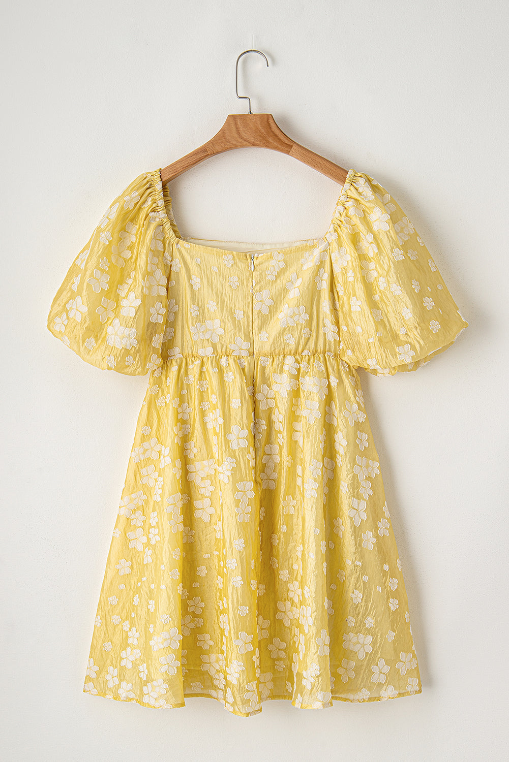 Yellow Boho Flower Jacquard Puff Sleeve Square Neck Mini Dress