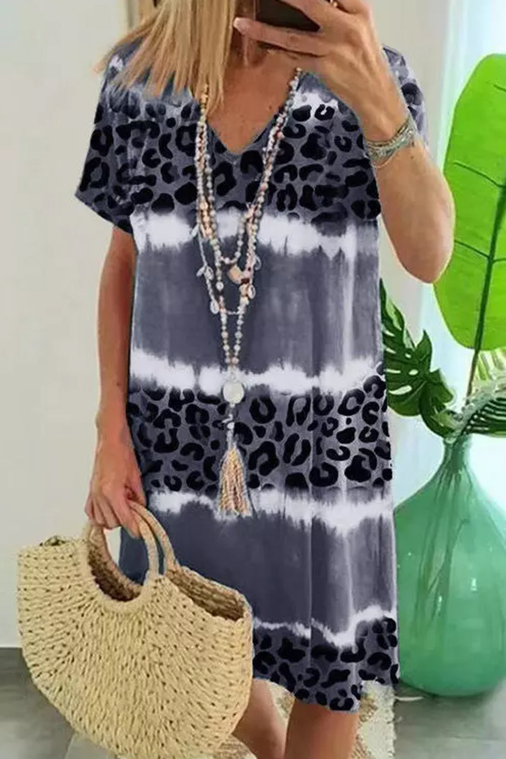 Gray Leopard Color Block V-Neck T-shirt Dress