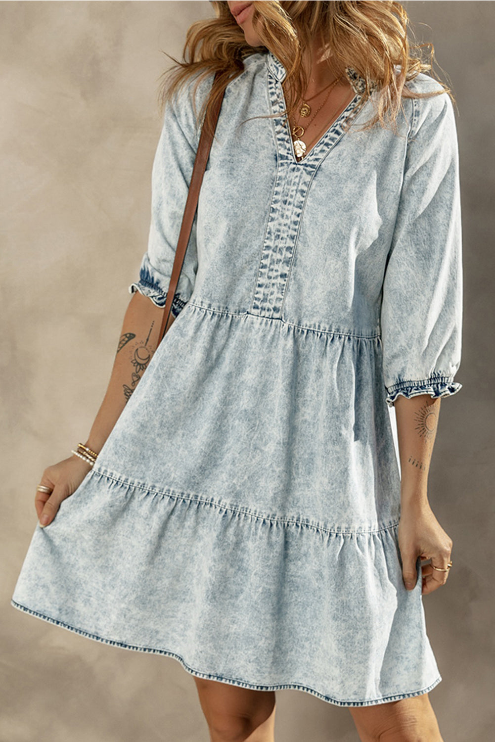 Dusk Blue Acid Wash Retro Half Sleeve Flared Denim Dress