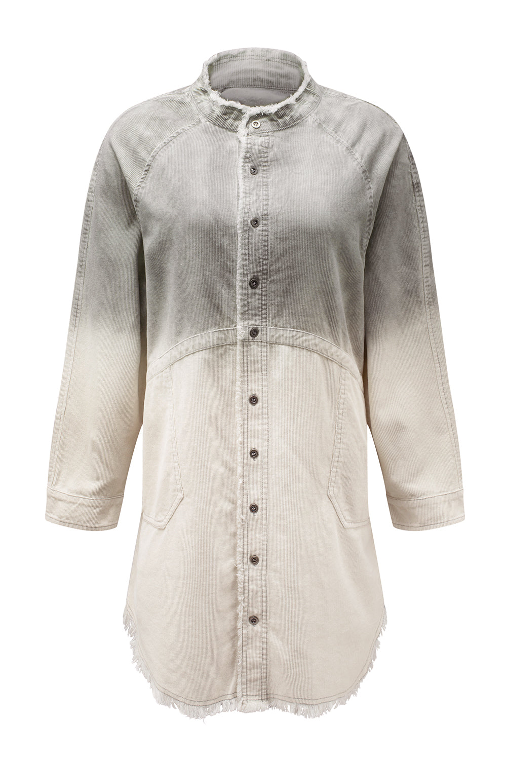 Gray Gradient Long Sleeve Button Up Raw Hem Denim Dress