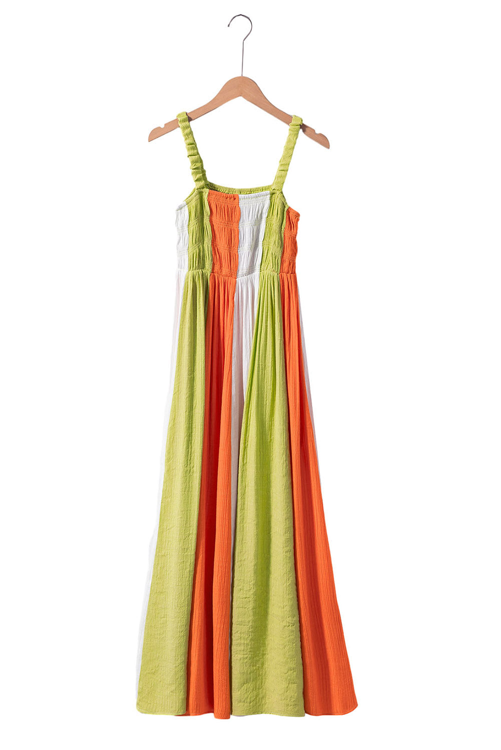 Green Color Block Shirred High Waist Fit and Flare Maxi Dress