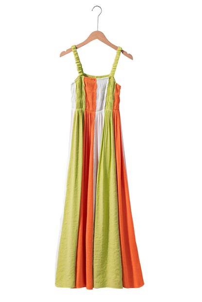 Green Color Block Shirred High Waist Fit and Flare Maxi Dress