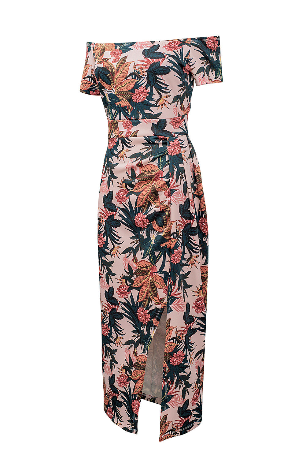 Pink Pattern Print Off Shoulder Slit Bodycon Midi Dress