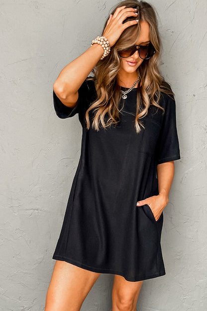 Black Waffle Knit T-shirt Dress with Pockets