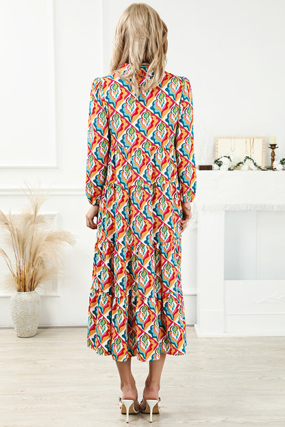 Multicolor Abstract Geometric Print Long Sleeve High Waist Dress