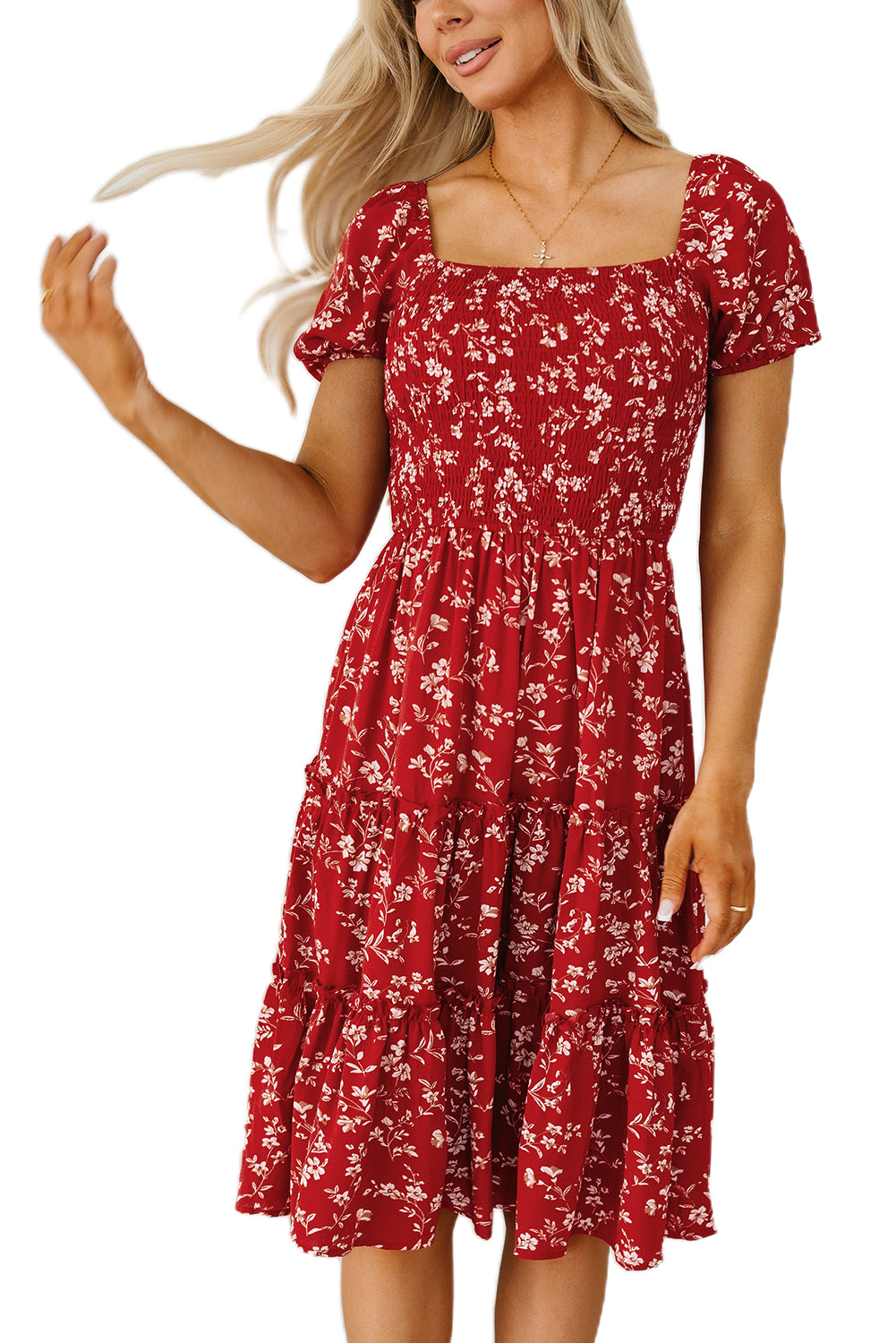 Red Boho Flower Smocked Square Neck Tiered Midi Floral Dress