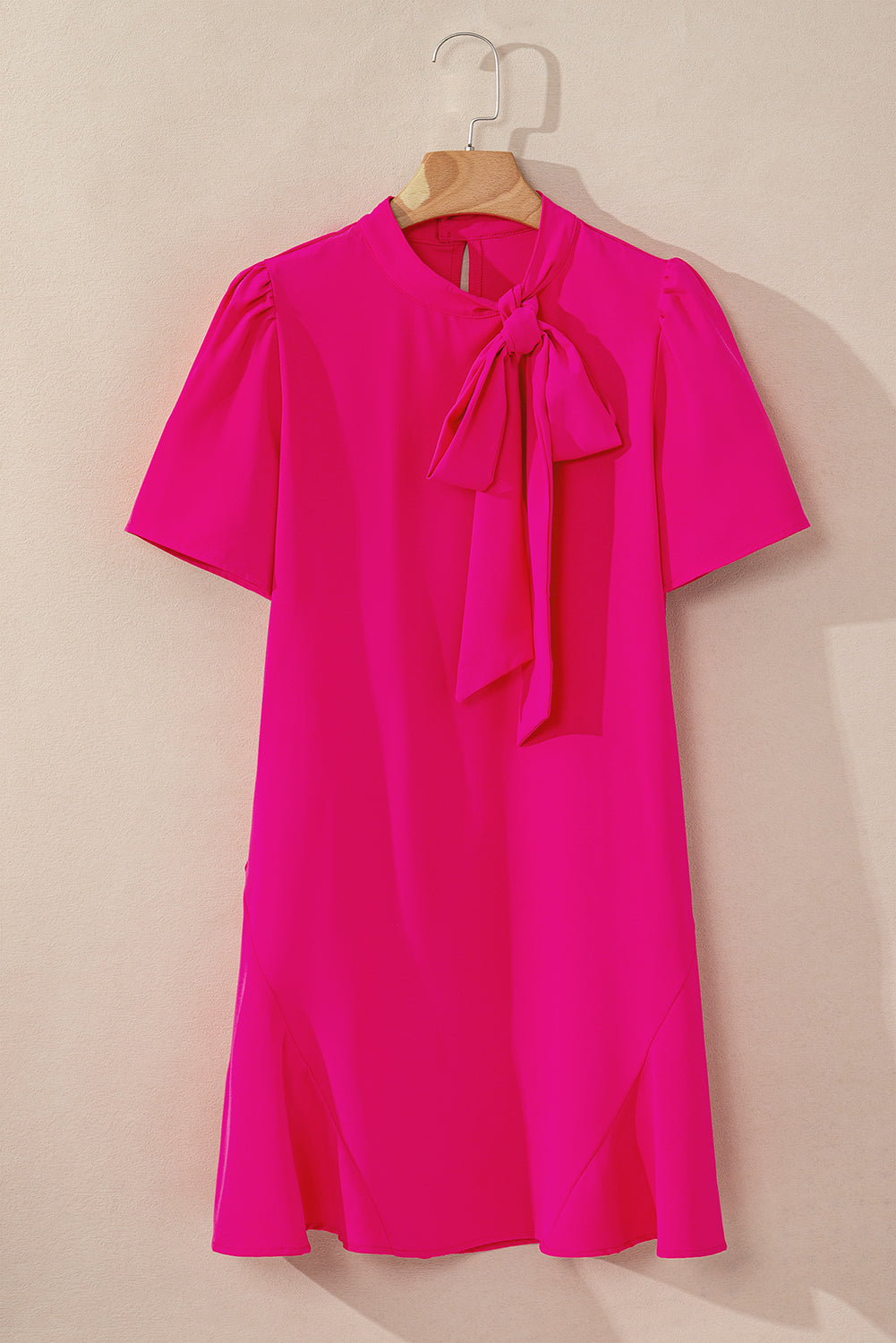 Bright Pink Solid Color Ribbon Tie Neck Ruffled Mini Dress