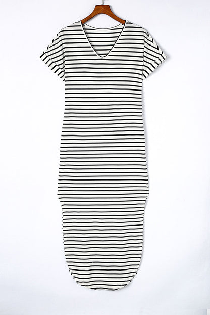 Black Striped Print Side Split Short Sleeve V Neck Maxi Dress