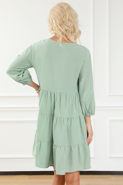 Green Floral Embroidery Tiered Ruffle Hem Dress