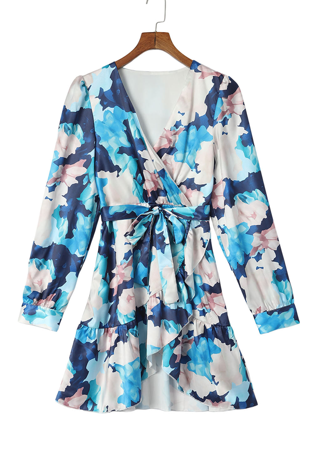 Blue Abstract Floral Long Sleeve Tied Ruffle Dress