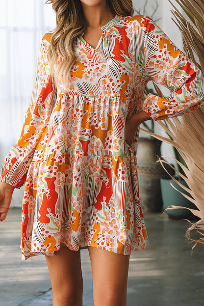 Multicolour Split Neck Puff Sleeve Flowy Printed Dress