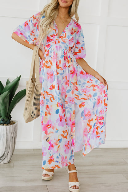 Multicolor Tropical Floral Print Ruched V Neck Maxi Dress