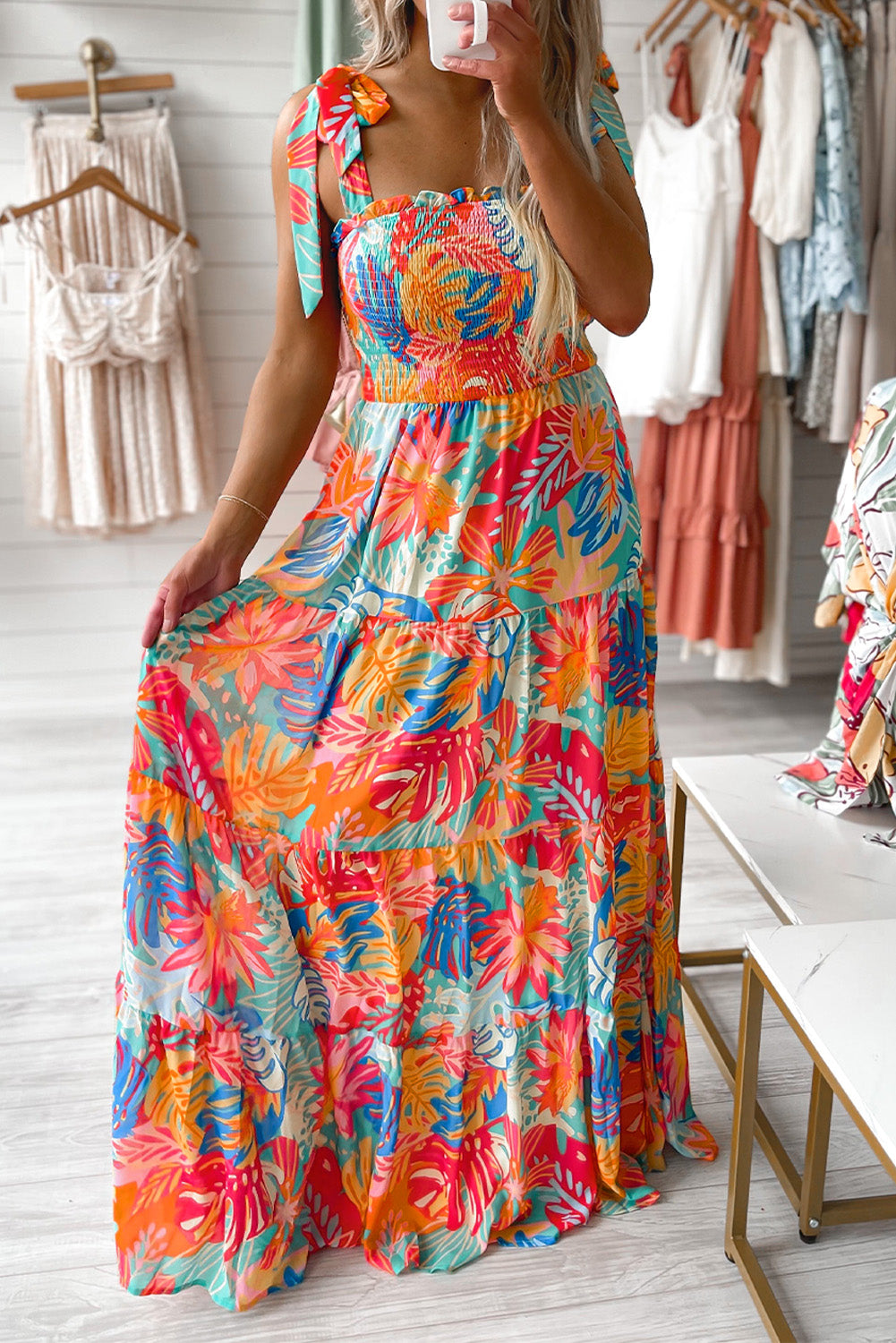 Multicolor Vibrant Tropical Print Smocked Ruffle Tiered Maxi Dress