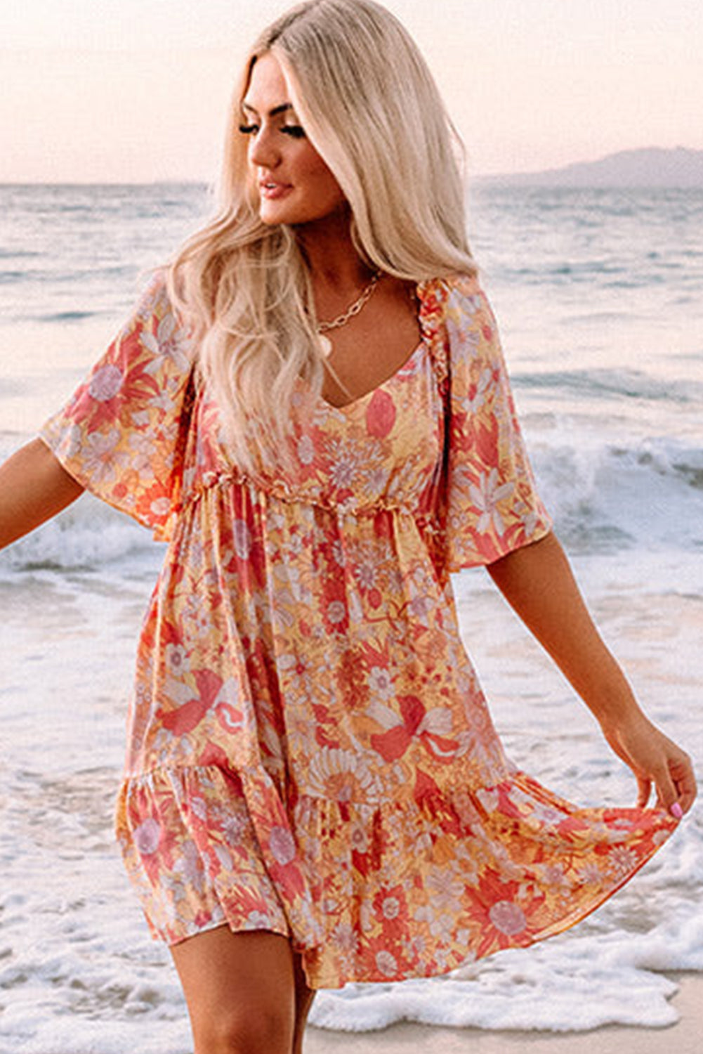 Orange Wide Flutter Sleeve Floral Dress