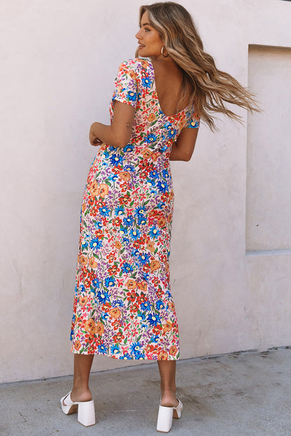 Multicolor Long Floral Print Short Sleeve Holiday Dress