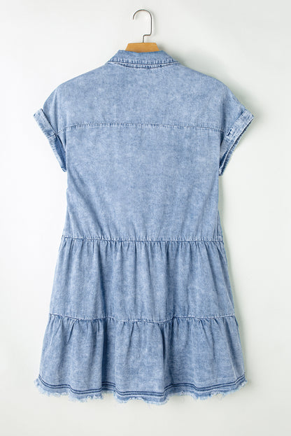 Beau Blue Acid Wash V Neck Tiered Denim Dress