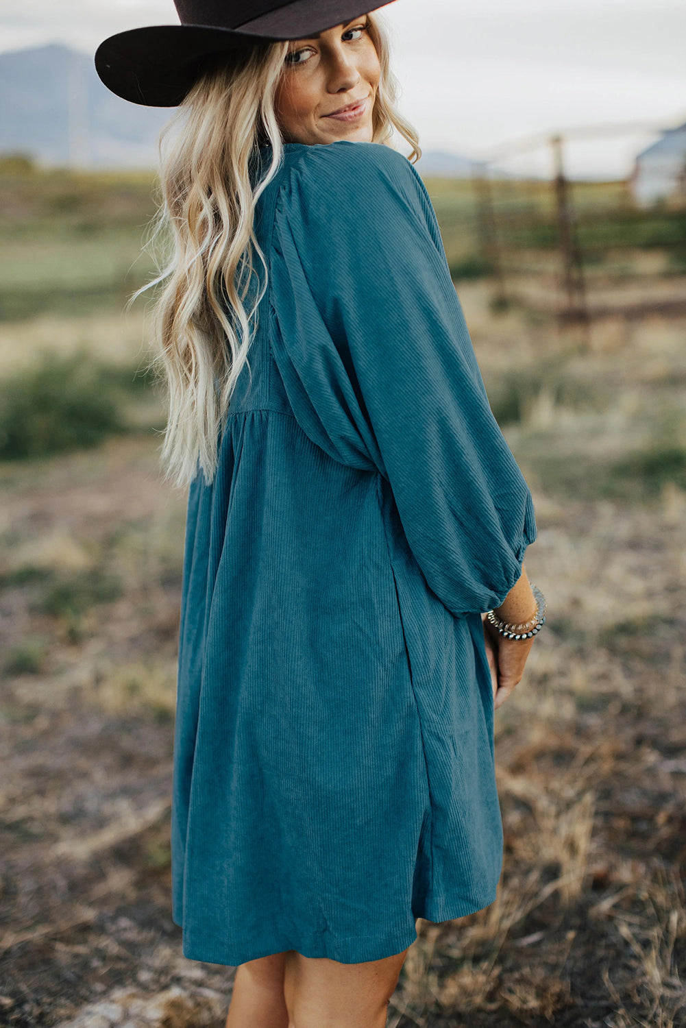 Blue Corduroy Snap Buttons Empire Waist Bracelet Sleeve Dress