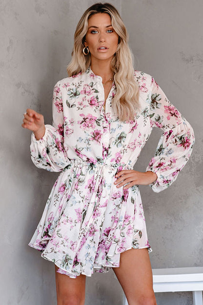 Vintage Floral Print Drawstring Flowy Dress