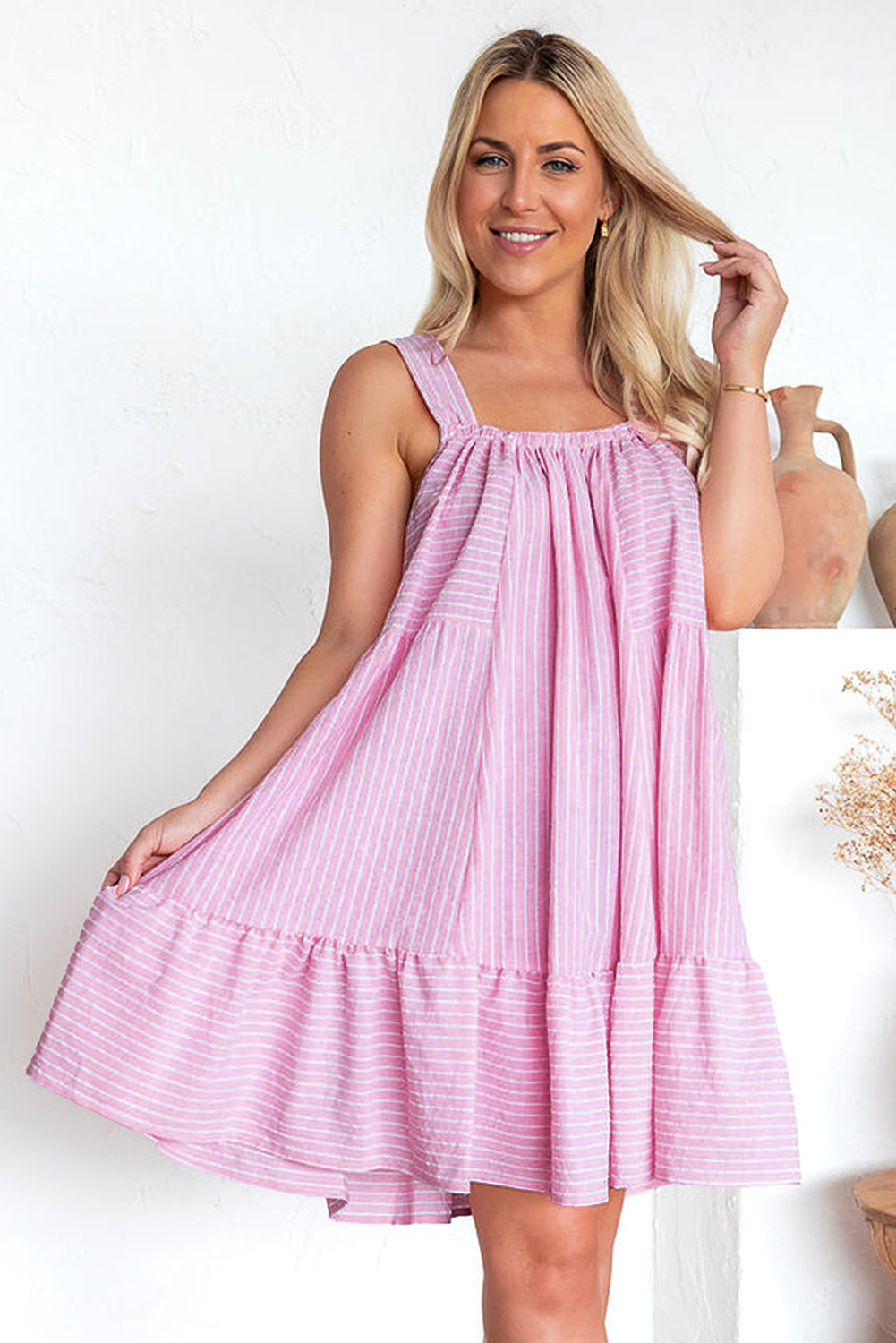 Pink Stripe Pinstriped Ruffled Hem Sleeveless Mini Flared Dress