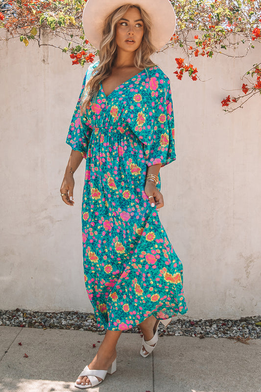 Green Boho Deep V Neck Floral Maxi Dress