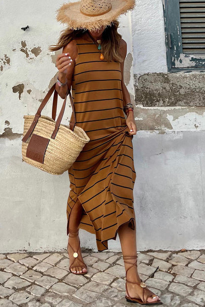 Brown Stripe Print Open Back Sleeveless Maxi Dress with Slits