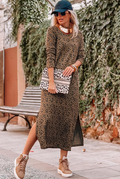 Leopard Round Neck Long Sleeve Split Dress