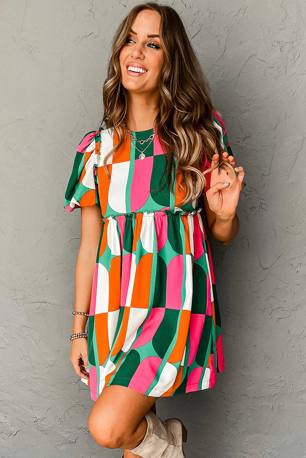 Green Abstract Print Puff Sleeve Short Dress