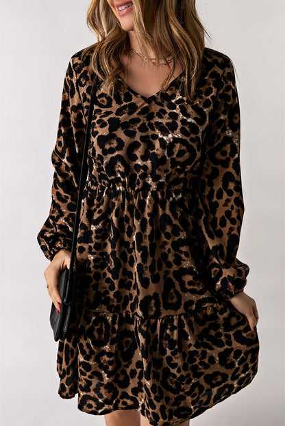 Leopard Ruffled Elastic Cuff Mini Dress