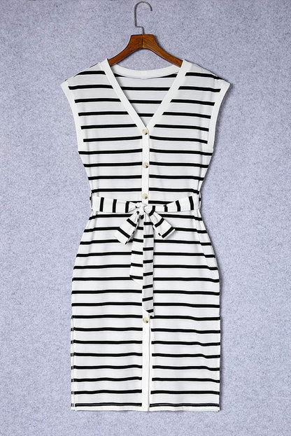 Striped Button Slit Tie V-Neck Midi Dress