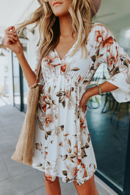 White V Neck 3/4 Sleeve Floral Dress