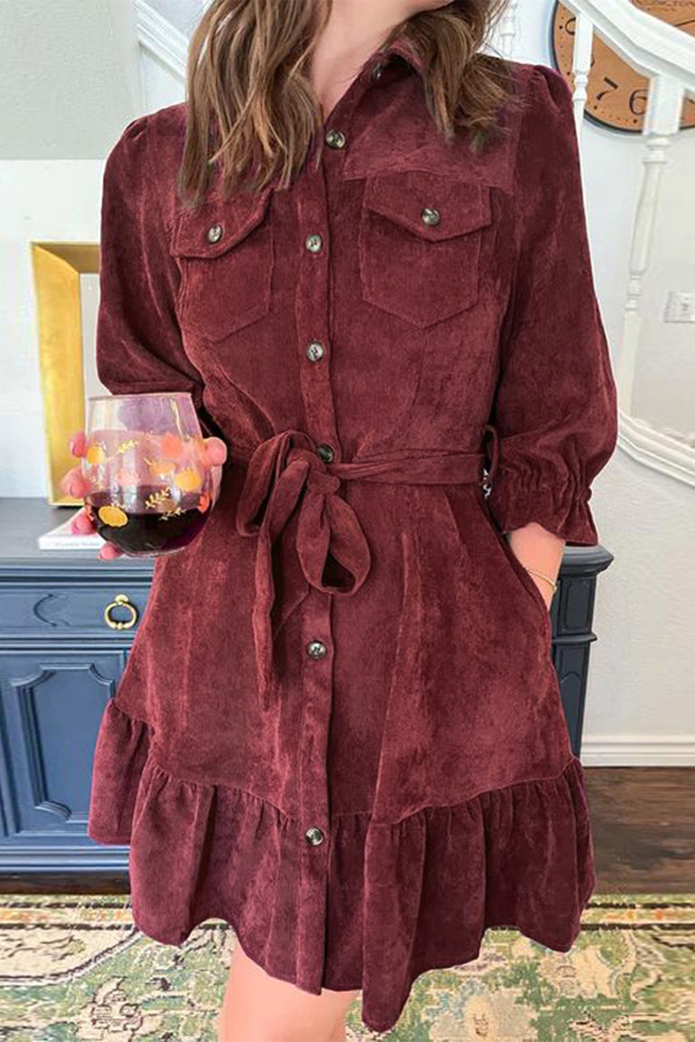 Red Dahlia Collared Buttons Front Ruffled Hem Shirt Corduroy Dress