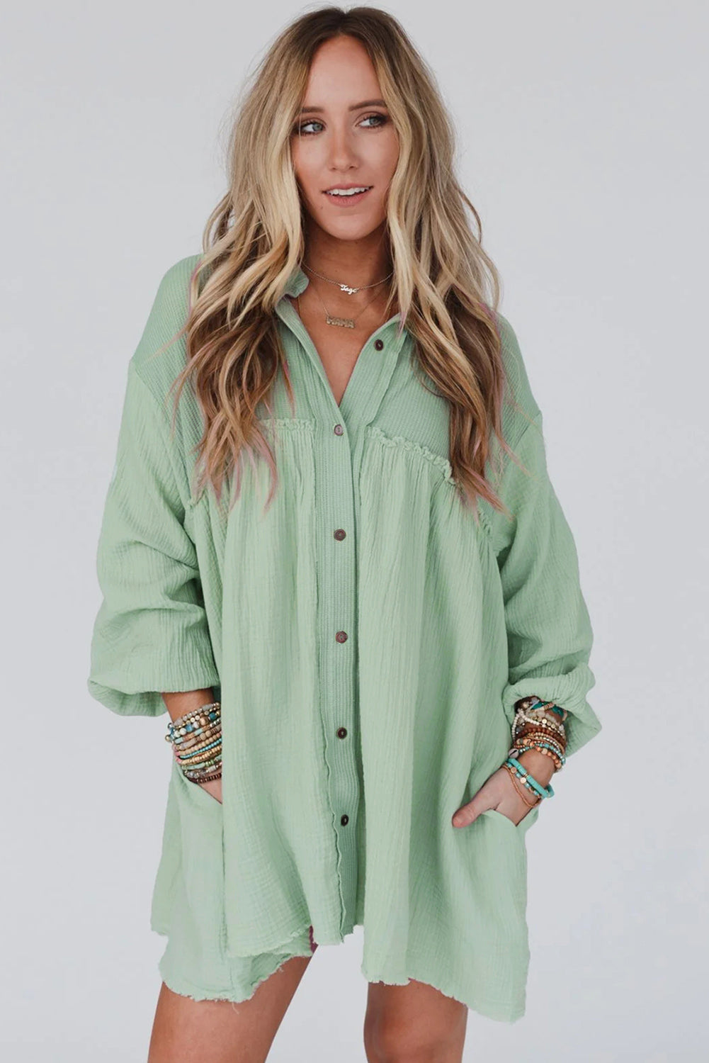 Green Patchwork Crinkle Puff Sleeve Shirt Dress